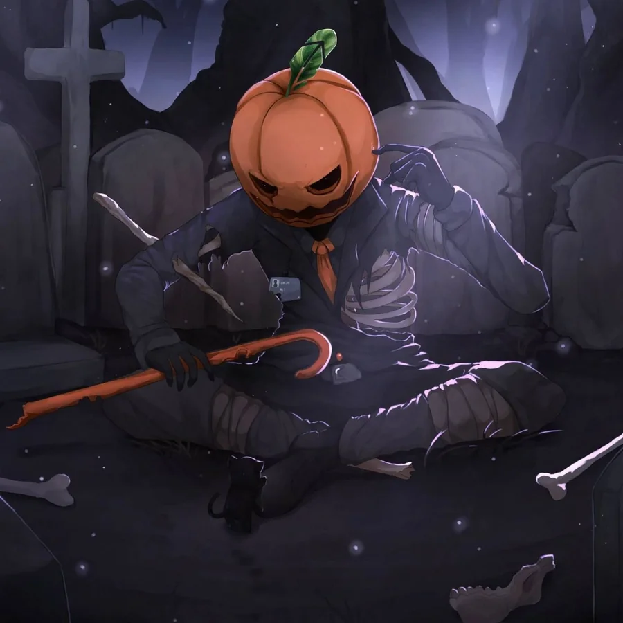 Hooded Hoodoween figure with a glowing green feather