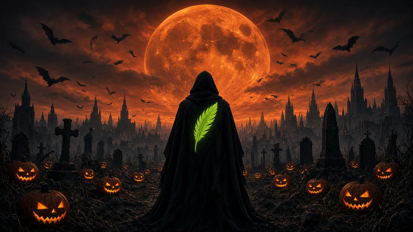 Cloaked Hoodoween figure facing a blood moon over the city